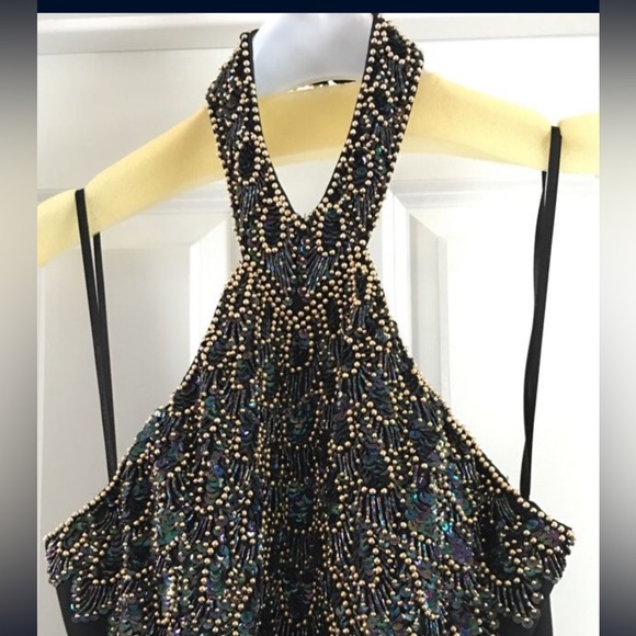 Stunning K Lily Black velvet long formal gown w/beaded halter neck - Picture 2 of 5